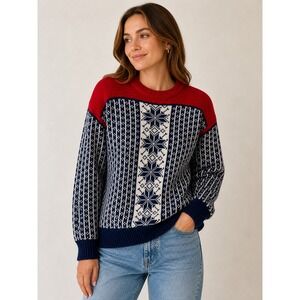 Lillunn Norway Knitting Wool Sweater Womens  L Fair Isle Snowflake Red Navy Blue